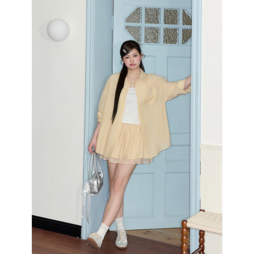 Plain Lace Trim Crop Camisole Top / Long-Sleeve Heart Embroidered Button-Up Slit Shirt / High Rise Layered Mini A-Line Skirt / Set