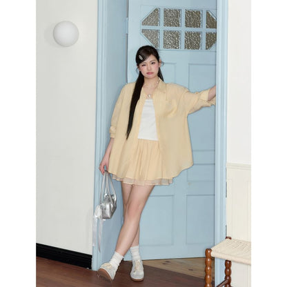 Plain Lace Trim Crop Camisole Top / Long-Sleeve Heart Embroidered Button-Up Slit Shirt / High Rise Layered Mini A-Line Skirt / Set