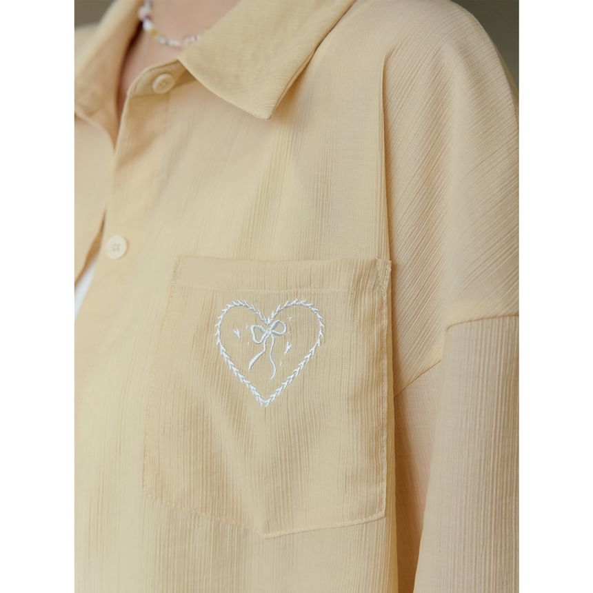 Plain Lace Trim Crop Camisole Top / Long-Sleeve Heart Embroidered Button-Up Slit Shirt / High Rise Layered Mini A-Line Skirt / Set