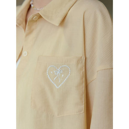 Plain Lace Trim Crop Camisole Top / Long-Sleeve Heart Embroidered Button-Up Slit Shirt / High Rise Layered Mini A-Line Skirt / Set