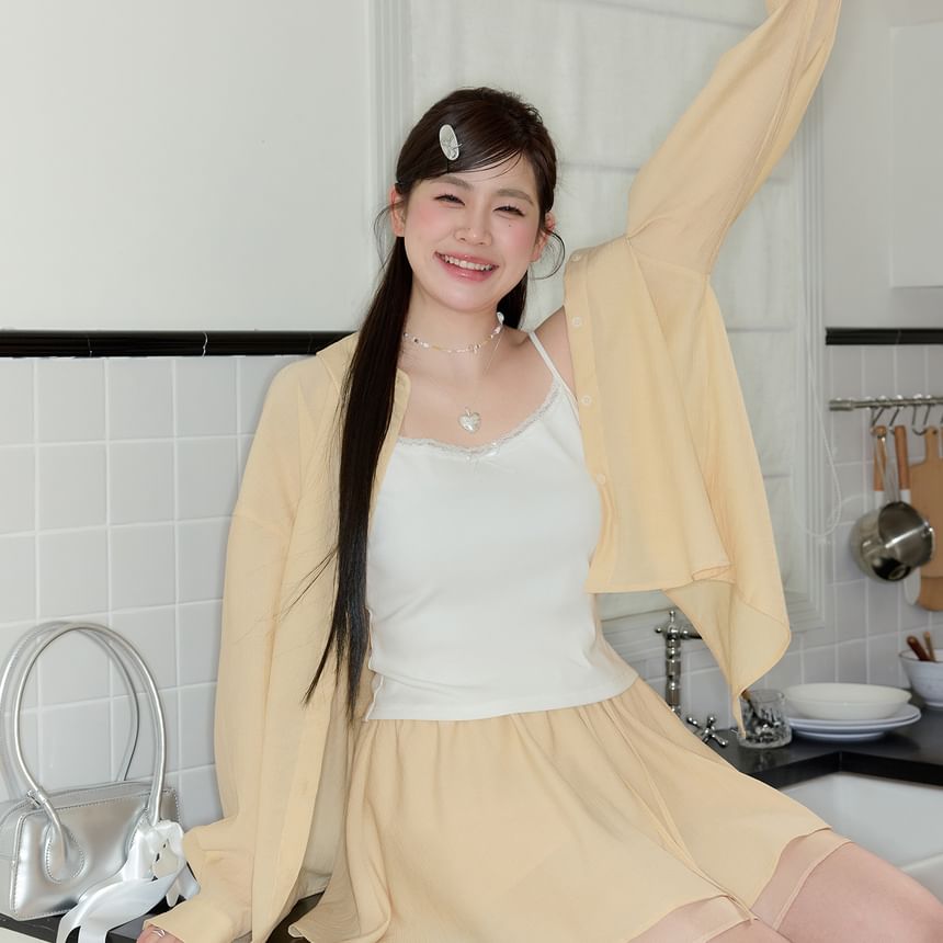 Plain Lace Trim Crop Camisole Top / Long-Sleeve Heart Embroidered Button-Up Slit Shirt / High Rise Layered Mini A-Line Skirt / Set