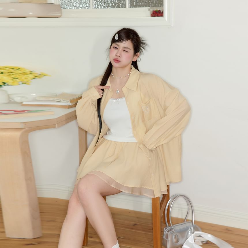 Plain Lace Trim Crop Camisole Top / Long-Sleeve Heart Embroidered Button-Up Slit Shirt / High Rise Layered Mini A-Line Skirt / Set