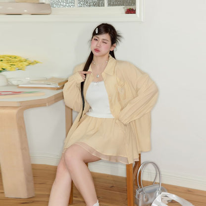 Plain Lace Trim Crop Camisole Top / Long-Sleeve Heart Embroidered Button-Up Slit Shirt / High Rise Layered Mini A-Line Skirt / Set