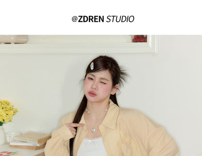 Plain Lace Trim Crop Camisole Top / Long-Sleeve Heart Embroidered Button-Up Slit Shirt / High Rise Layered Mini A-Line Skirt / Set