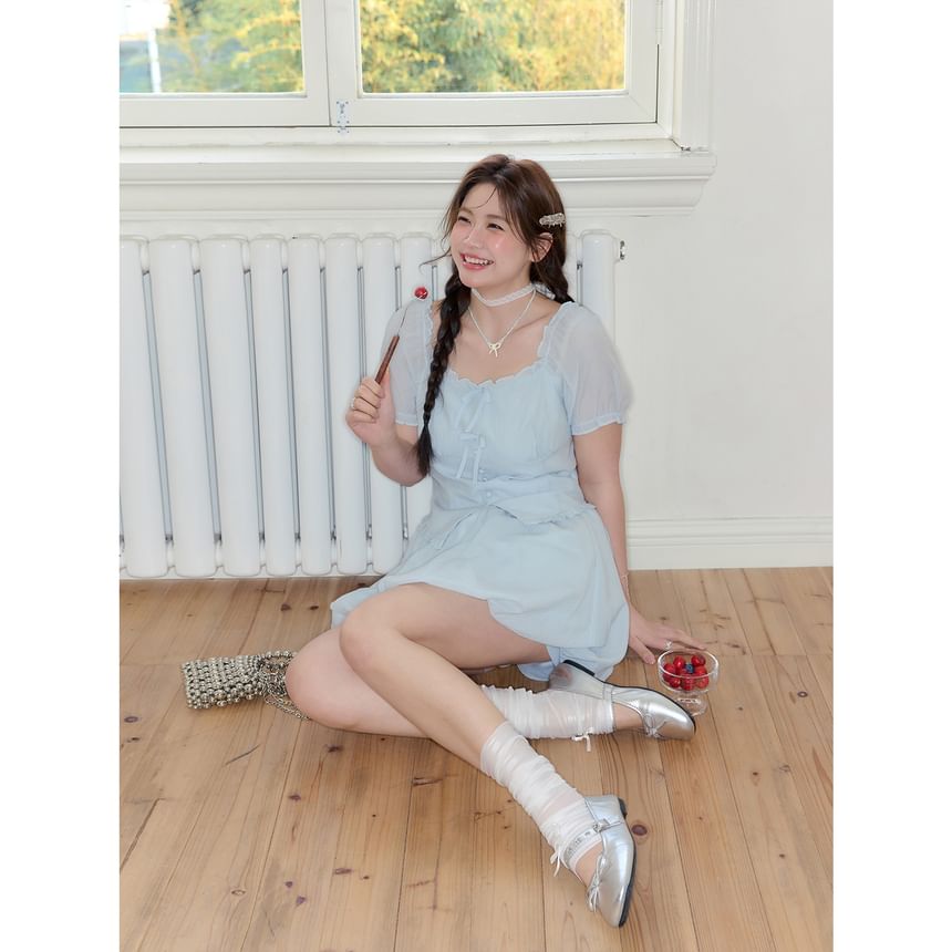 Set: Puff-Sleeve Square Neck Plain Bow Accent Frill Trim Slit Crop Blouse + High Waist Mini A-Line Skirt