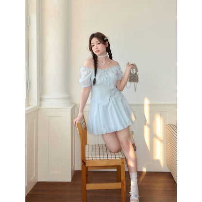 Set: Puff-Sleeve Square Neck Plain Bow Accent Frill Trim Slit Crop Blouse + High Waist Mini A-Line Skirt