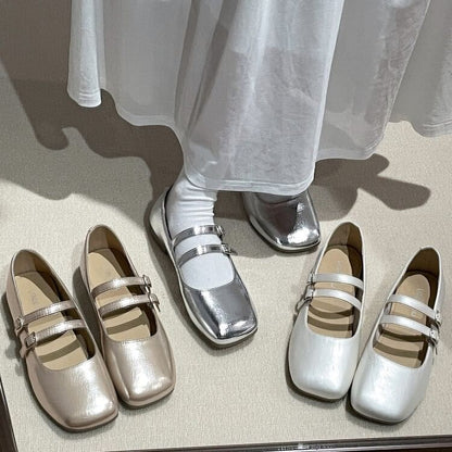 Square Toe Metallic Mary Jane Flats