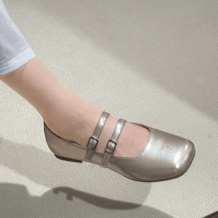 Square Toe Metallic Mary Jane Flats