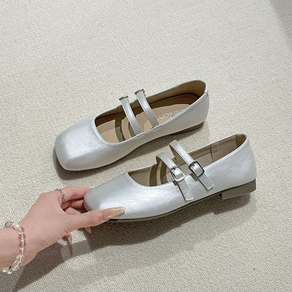 Square Toe Metallic Mary Jane Flats
