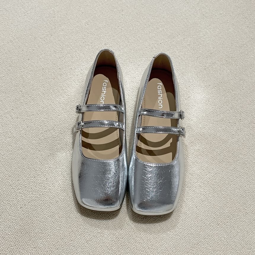Square Toe Metallic Mary Jane Flats