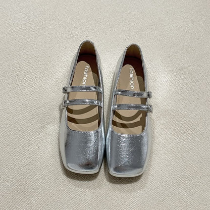 Square Toe Metallic Mary Jane Flats