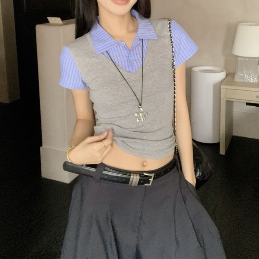 Short-Sleeved Collared Mock Two-Piece Cropped Polo Shirt