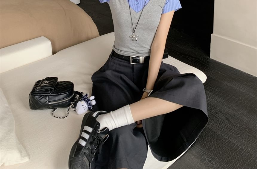 Short-Sleeved Collared Mock Two-Piece Cropped Polo Shirt