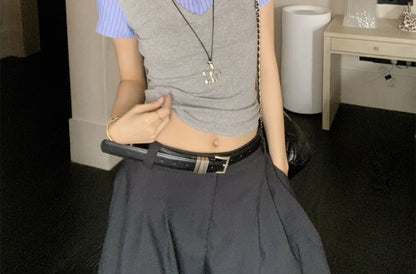 Short-Sleeved Collared Mock Two-Piece Cropped Polo Shirt