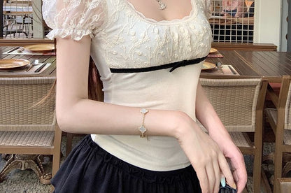 Short-Sleeved Square-Neck Plain Lace-Paneled Tee