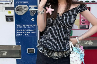 Short-Sleeved Off-Shoulder Plaid-Paneled Cropped Top