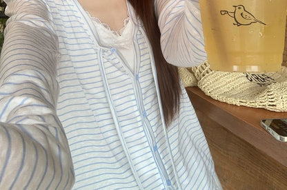 V-Neck Striped Button-Up Lightweight Jacket