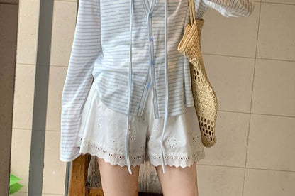 V-Neck Striped Button-Up Lightweight Jacket
