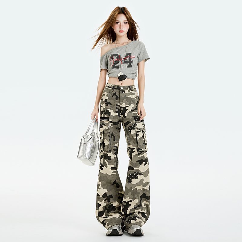 Mid Rise Camo Print Flared Cargo Pants (Various Designs)