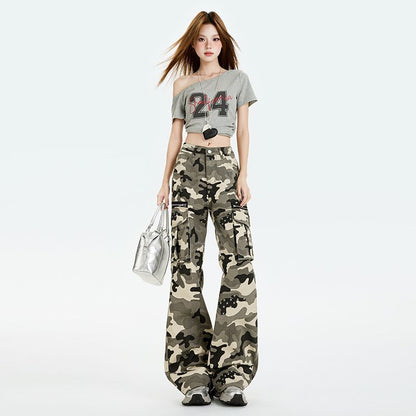 Mid Rise Camo Print Flared Cargo Pants (Various Designs)