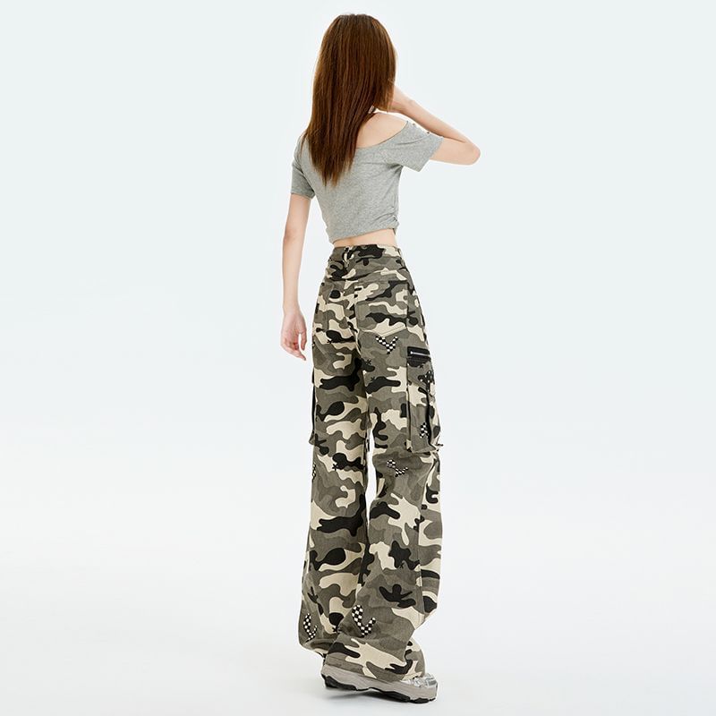 Mid Rise Camo Print Flared Cargo Pants (Various Designs)