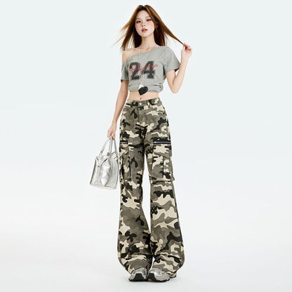 Mid Rise Camo Print Flared Cargo Pants (Various Designs)