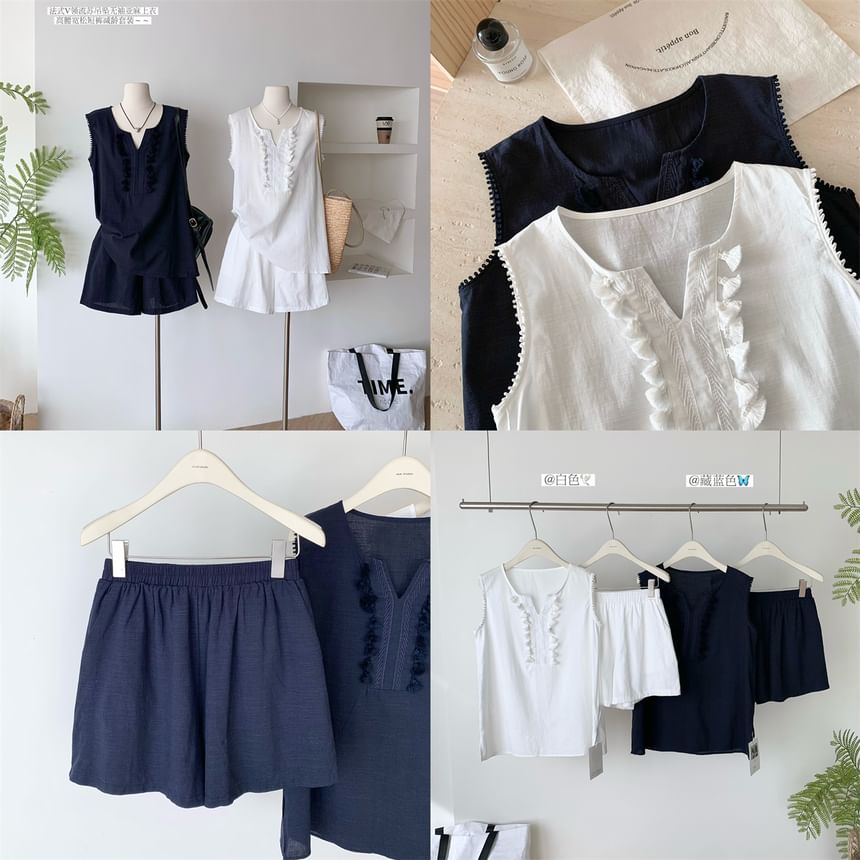 Sleeveless Notch-Neck Plain Lace-Trimmed Tassel Blouse & Mid-Rise Shorts Set
