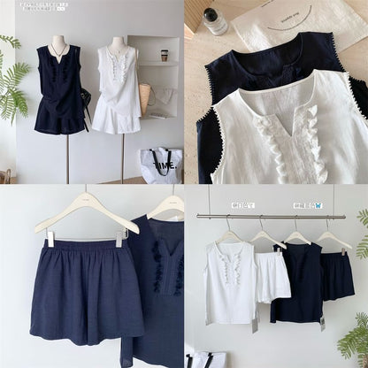 Sleeveless Notch-Neck Plain Lace-Trimmed Tassel Blouse & Mid-Rise Shorts Set