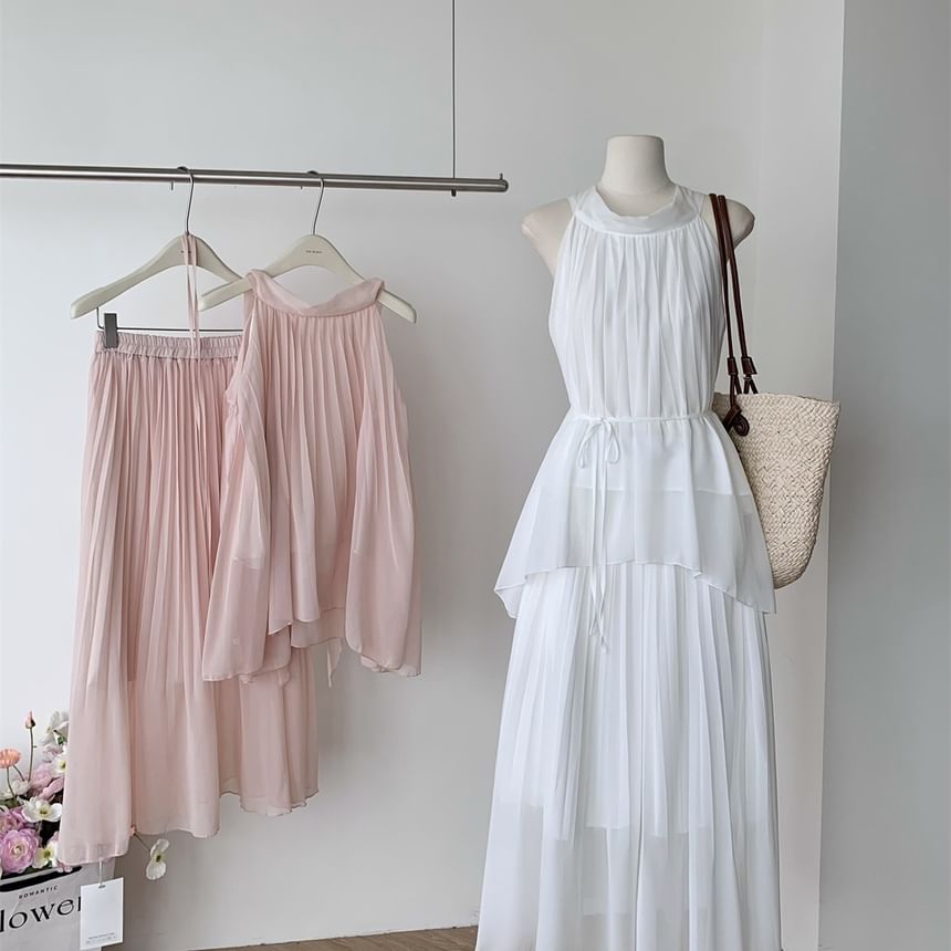 Halter Plain Asymmetric Blouse & High-Waisted Maxi A-Line Skirt Set