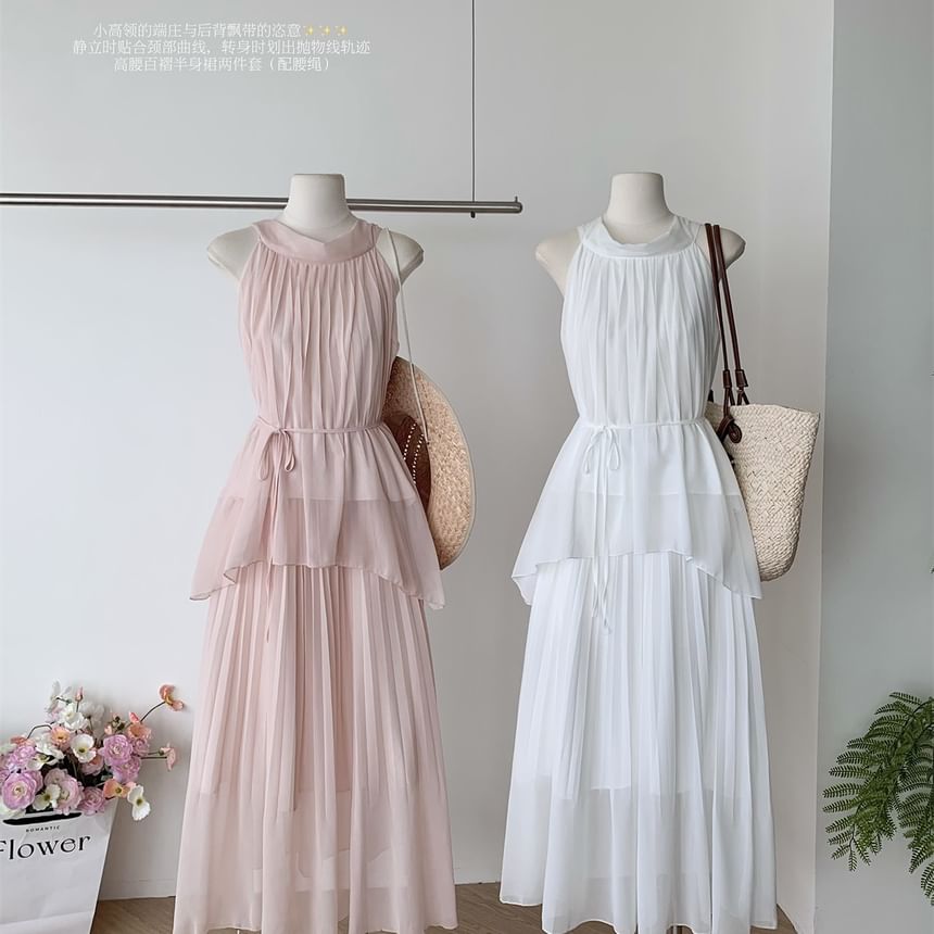 Halter Plain Asymmetric Blouse & High-Waisted Maxi A-Line Skirt Set