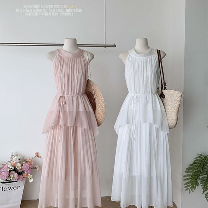 Halter Plain Asymmetric Blouse & High-Waisted Maxi A-Line Skirt Set