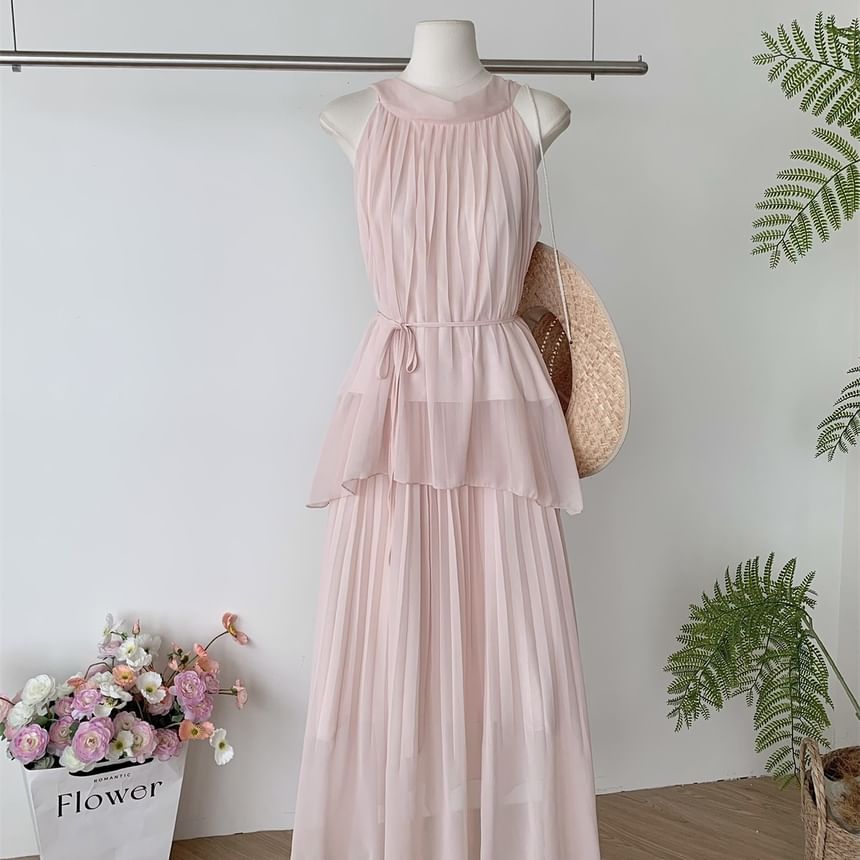 Halter Plain Asymmetric Blouse & High-Waisted Maxi A-Line Skirt Set