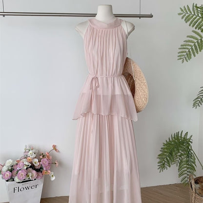 Halter Plain Asymmetric Blouse & High-Waisted Maxi A-Line Skirt Set
