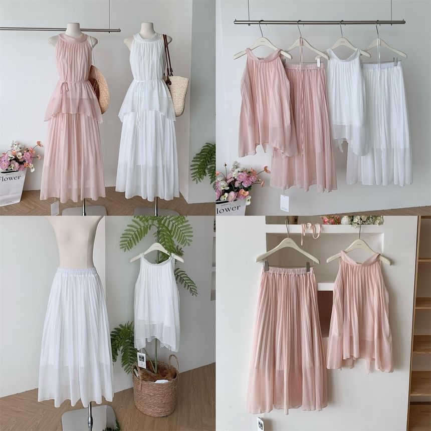 Halter Plain Asymmetric Blouse & High-Waisted Maxi A-Line Skirt Set