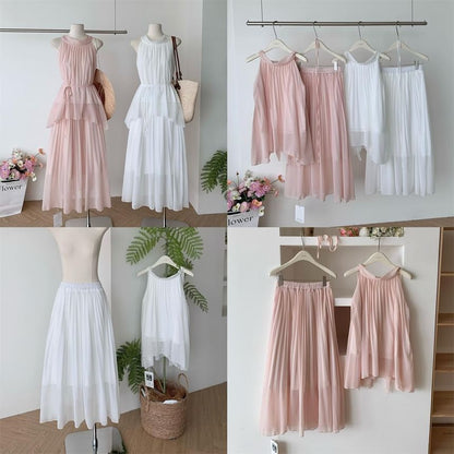 Halter Plain Asymmetric Blouse & High-Waisted Maxi A-Line Skirt Set
