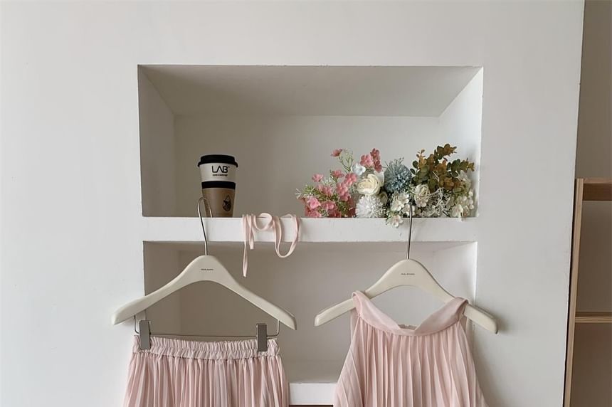 Halter Plain Asymmetric Blouse & High-Waisted Maxi A-Line Skirt Set