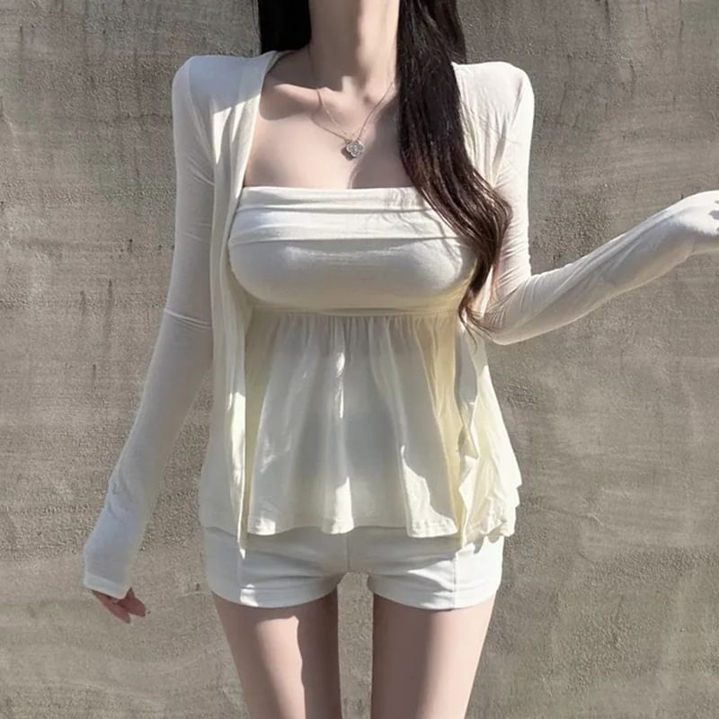 Plain Cardigan & Strapless Plain Tube Top Set