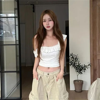 Ruffle-Hem Square-Neck Sleeveless Plain Crop Blouse