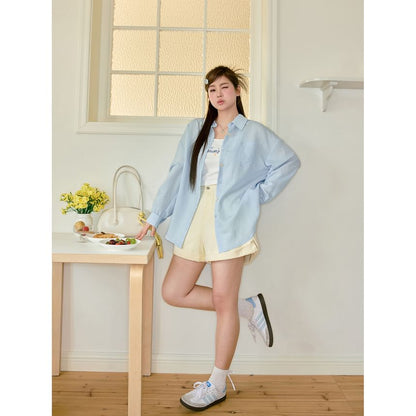 Lettering Crop Camisole Top / Long-Sleeve Plain Oversized Shirt / High Waist Roll Up Denim Shorts