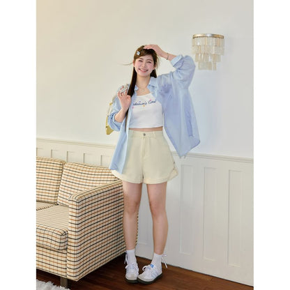 Lettering Crop Camisole Top / Long-Sleeve Plain Oversized Shirt / High Waist Roll Up Denim Shorts
