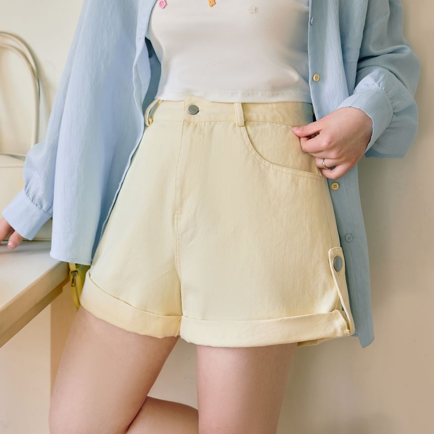 Lettering Crop Camisole Top / Long-Sleeve Plain Oversized Shirt / High Waist Roll Up Denim Shorts