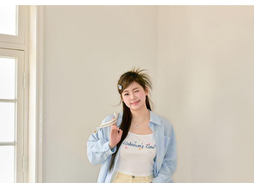 Lettering Crop Camisole Top / Long-Sleeve Plain Oversized Shirt / High Waist Roll Up Denim Shorts