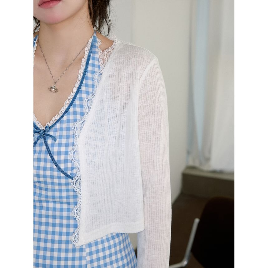 Halter Gingham Bow Lace Trim Mini A-Line Dress / Plain Crop Cardigan