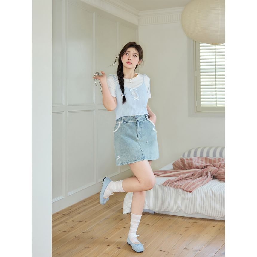 Short-Sleeve Round Neck Plain Slim Fit Tee / Bow Cami Top / High Waist Lace Trim Washed Mini Pencil Skirt / Set