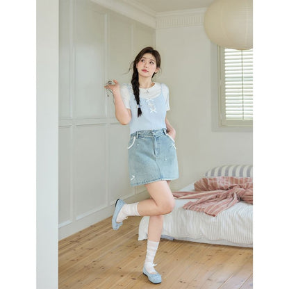 Short-Sleeve Round Neck Plain Slim Fit Tee / Bow Cami Top / High Waist Lace Trim Washed Mini Pencil Skirt / Set