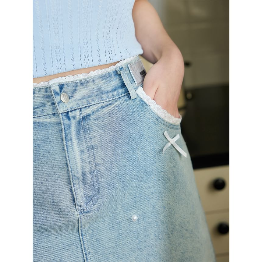 Short-Sleeve Round Neck Plain Slim Fit Tee / Bow Cami Top / High Waist Lace Trim Washed Mini Pencil Skirt / Set