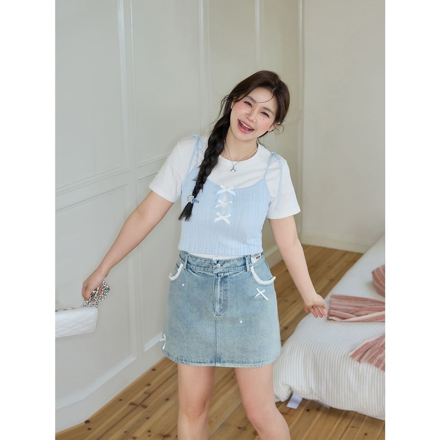 Short-Sleeve Round Neck Plain Slim Fit Tee / Bow Cami Top / High Waist Lace Trim Washed Mini Pencil Skirt / Set
