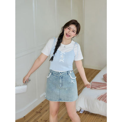 Short-Sleeve Round Neck Plain Slim Fit Tee / Bow Cami Top / High Waist Lace Trim Washed Mini Pencil Skirt / Set