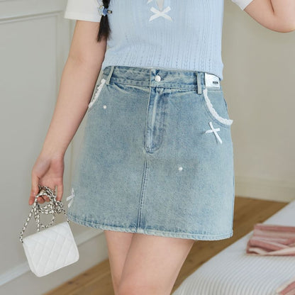 Short-Sleeve Round Neck Plain Slim Fit Tee / Bow Cami Top / High Waist Lace Trim Washed Mini Pencil Skirt / Set