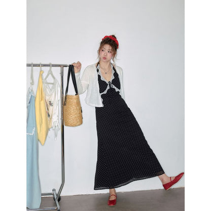 Halter Dotted Bow Lace Trim Midi A-Line Dress / Plain Cardigan